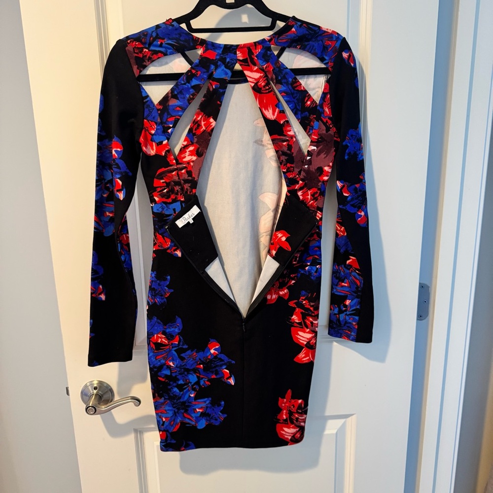 Parker Black & Red Floral Cage-Back Long Sleeve Bodycon Mini Dress | M - Picture 5 of 7